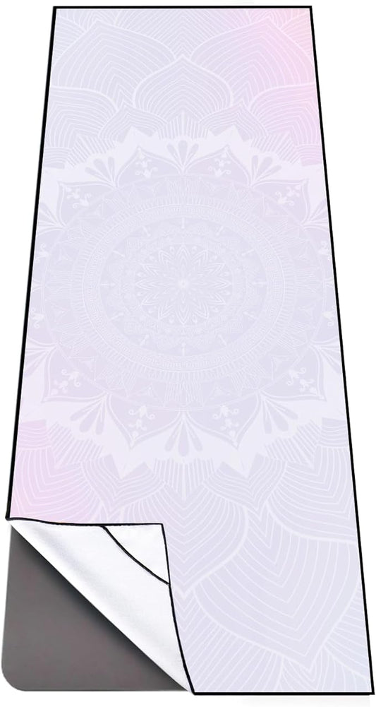 QiyI Yoga Mat Towel with Corner Pockets, Non Slip Sweat Absorbent Hot Yoga Towels, Soft Yoga Blankets with Travel Bag, Skidless Mat Cover for Workout, Gym, Fitness - 70"x26", Purple Mandala