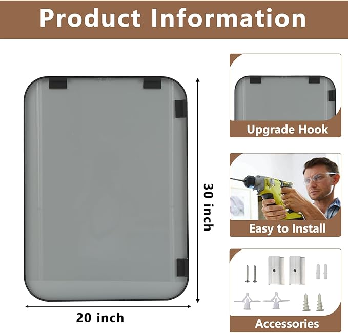 Matte Black Mirror, 20"x30" Rectangle Bathroom Mirror, Metal Frame Rectangle Corner Vanity Mirror, Wall Mounted Mirror for Modern, Living Room, Bedroom, Horizontal Or Vertical