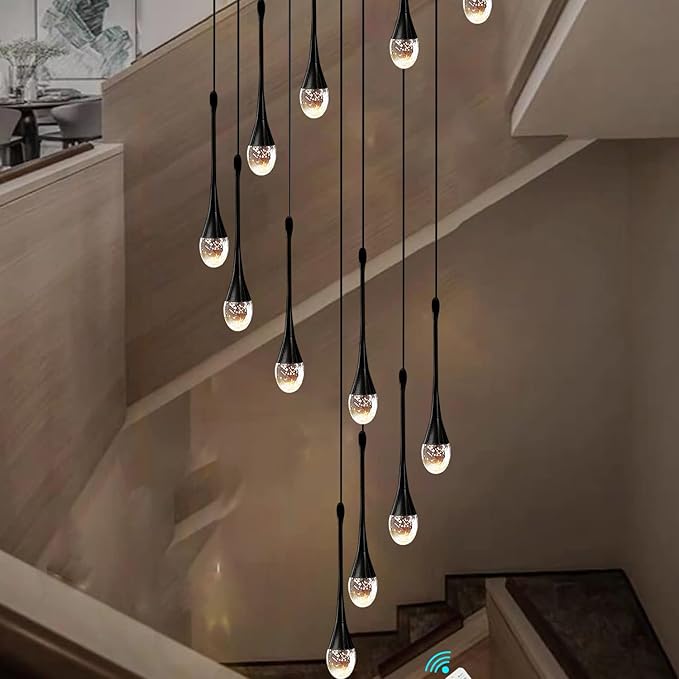 12-Light Black Raindrop Crystal Chandelier 120'' High Ceiling foyers Entrance Chandeliers Staircase Long Pendant Light Dimmbale LED 2700-6000K