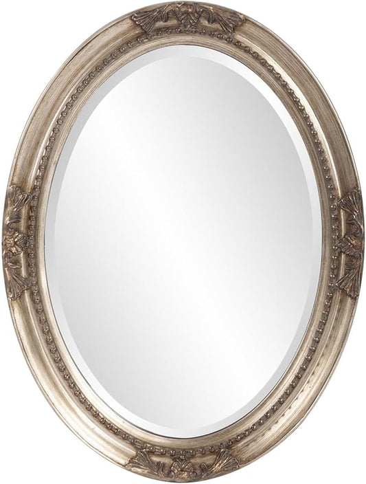 Howard Elliott Queen Ann Oval Antique Silver Leaf Wall Mirror, Oval Bevelled Hanging Wood Framed Vanity Mirrors for Home Decor, Living Room, Bathroom, Bedroom, or Hallway, 25 x 33 Inch