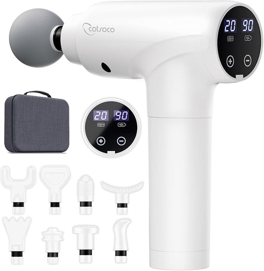 cotsoco Massage Gun Deep Tissue, Muscle Massage Gun with 9 Attachment Heads 20 Speeds & Silent Brushless Motor for Pain Relief, Handheld Percussion Back Massager Gun for Athletes(White)