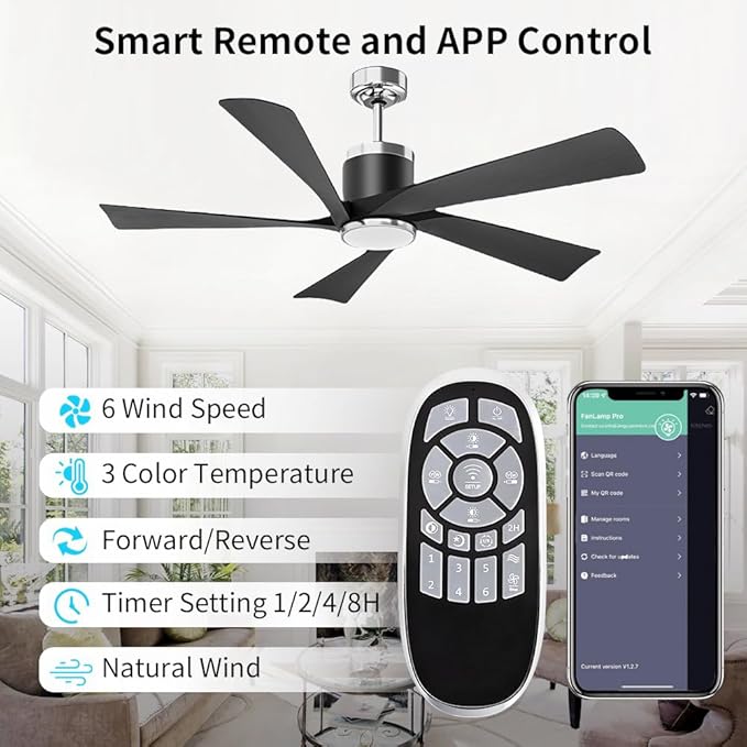 52'' Ceiling Fans with Lights, Modern Ceiling Fan with Remote Control, Indoor Outdoor Ceiling Fan for Living Room,Bedroom 5 Blade 3 Color Tempearture (Black)