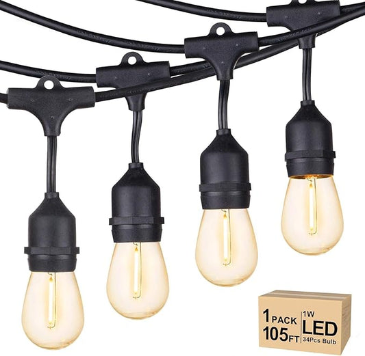 Svater Outdoor String Lights Led 105FT, Commercial Grade Patio Lights with 1W Dimmable S14 Shatterproof Bulbs, ETL Listed Heavy-Duty Outside Waterproof Cafe Bistro Market Lighting Warm White