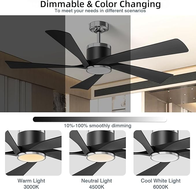 52'' Ceiling Fans with Lights, Modern Ceiling Fan with Remote Control, Indoor Outdoor Ceiling Fan for Living Room,Bedroom 5 Blade 3 Color Tempearture (Black)