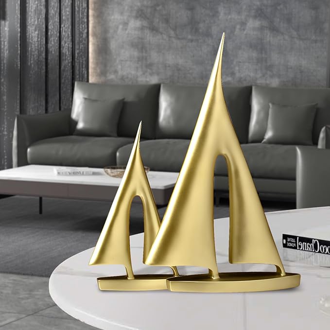 Modern Home Decor Sculpture, Sailboat Decor Abstract Statue, Resin Art Sculptures and Statues, Boat Gifts Home Tabletop Decoration, Living Room, Bathroom, Office, Bookshelf（2 Pack-Gold