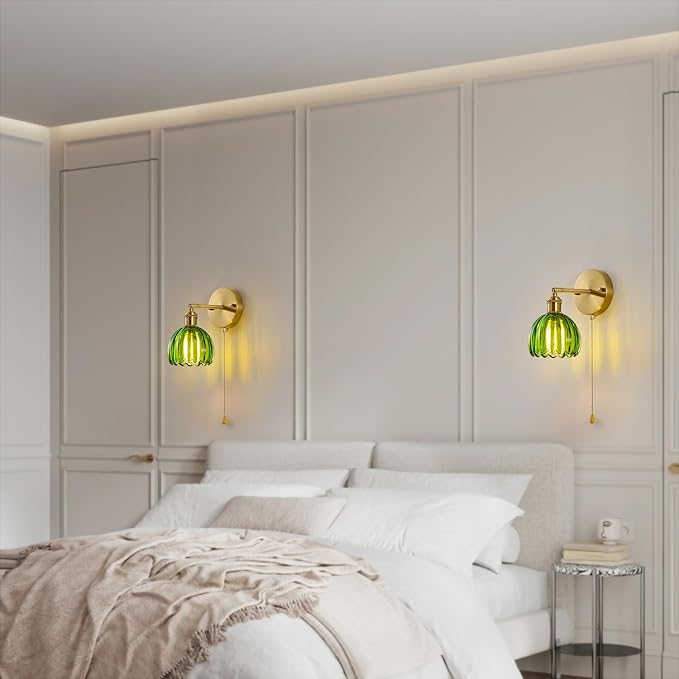 Vintage Wall Sconce 2 Pack, Green Glass Shade Gold Wall Lamp with 12 Inch Cable Switch, Modern Bathroom Wall Sconces Set of Two for Bedroom Corner Hallway