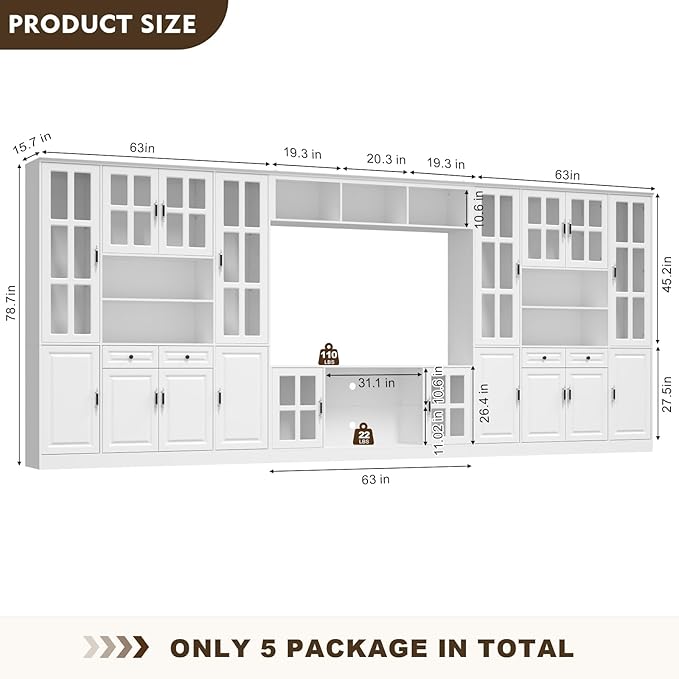 MEISSALIVVE 4-Piece Wall Unit TV Stand with Storage & LED Lights for TVs up to 75", Modern Entertainment Center with Bookshelves & 8-Door Pantry Cabinet, White