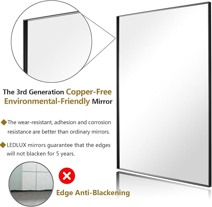 20x40 Inch Black Bathroom Mirror, Copper-Free Mirror, Aluminum Alloy Frame Vanity Mirror, Rectangle Wall Mounted Mirror for Bedroom/Living Room/Porch Horizontal or Vertical