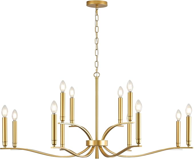 12 Light Gold Living Room Chandelier High Ceiling Foyer Candle Chandelier Large Modern Brass 44in Metal Chandeliers Hanging Light for Master Bedroom Dining Room Light Fixture Over Table
