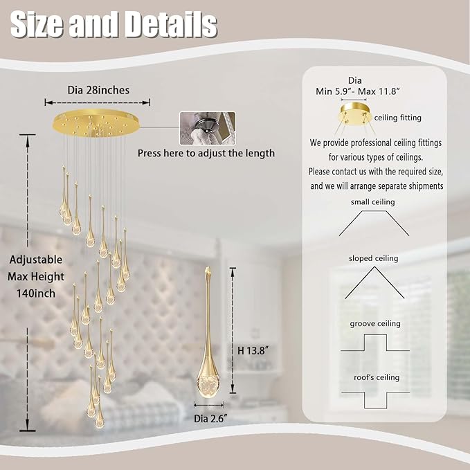 138'' High Ceiling Chandelier for Entryway Gold Raindrop Crystal Chandeliers for Living Room Foyer Staircase Flush Mount Sloping Ceiling Pendant Light Fixture LED Dimming 2700k-6000k