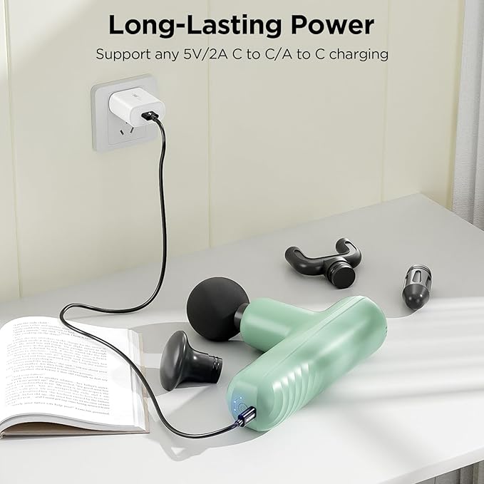 Mini Massage Gun, Powerful Handheld Muscle Massager for Back Pain Relief, Deep Tissue Percussion Small Massage Gun Travel Massager with 4 Massage Heads Silent Brushless Motor, Green