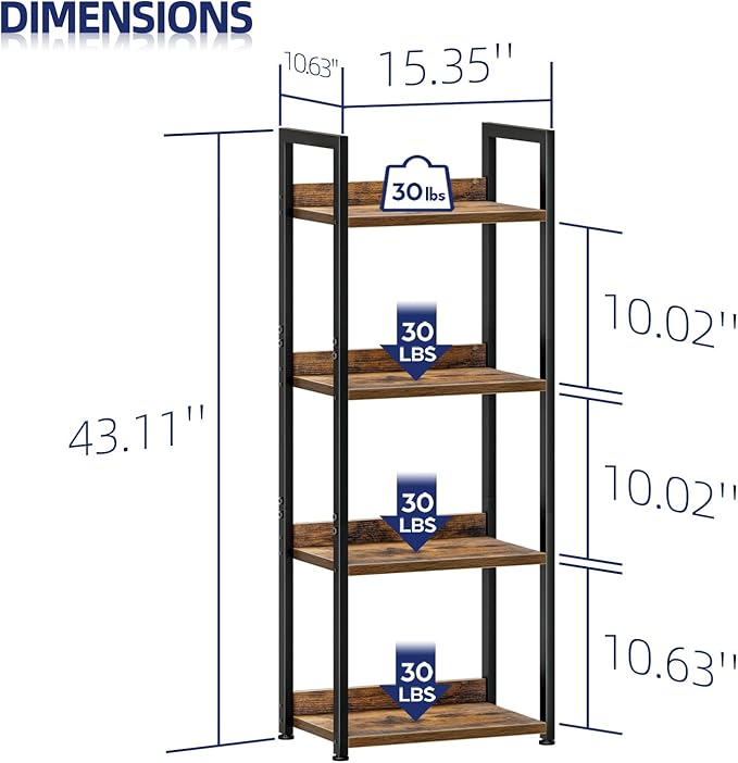 NUMENN Narrow Bookshelf, 4 Tier Bookshelfs, Home Office Bookcase Shelf Storage Organizer, Free Standing Storage Shelving Unit for Bedroom, Living Room and Home Office, Vintage