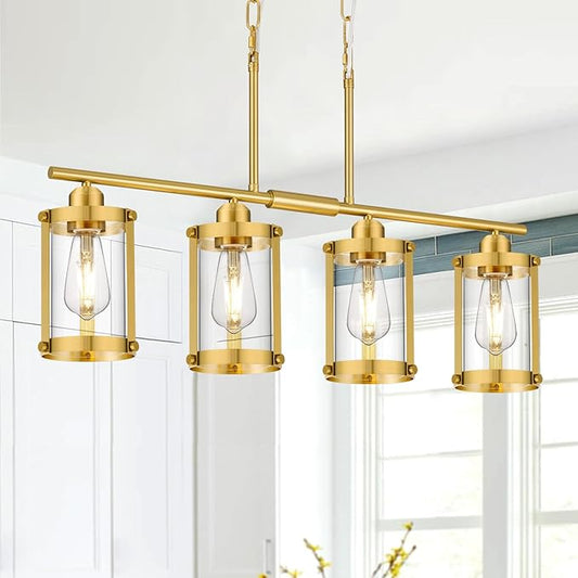 4-Light Kitchen Island Lighting, Brushed Gold Linear Dining Room Light Fixtures with Clear Glass, Modern Mid Century Chandelier Pendant Light for Kitchen Island Dining Room, OS-3014-4ISBG