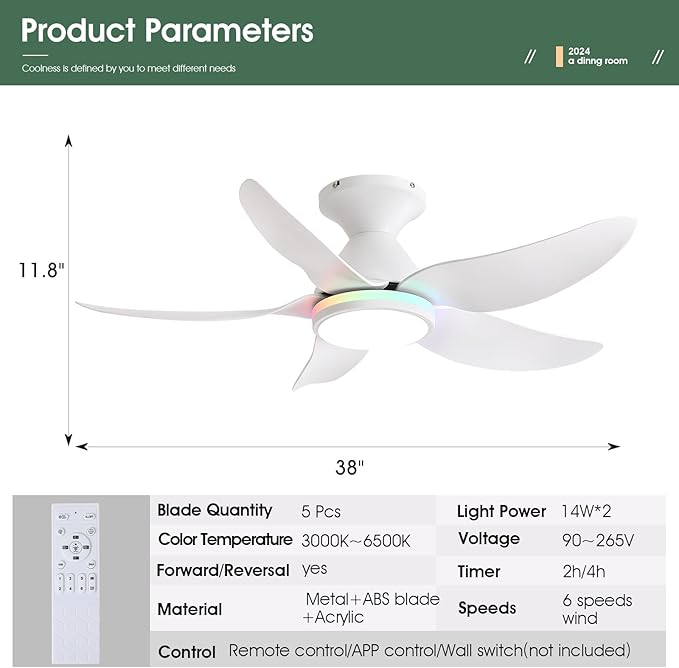 Ceiling Fans with Lights Remote/APP Control, 38" Low Profile Ceiling Fans with Dimmable White Colors+Ring RGB Lights, 6 Speeds 5 Reversible Blades for Kids Room Bedroom Living Room, White