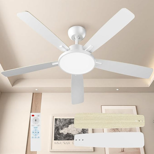TALOYA 52 Inch White Ceiling Fans with Lights Led Remote Control Flush Mount Low Profile for Bedroom Living Dining Room Outdoor Farmhouse Patio,Reversible,DC Motor,Diammable,Buzzer ON/Off,5 Blades