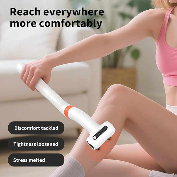 Dual-Head Massage Gun Deep Tissue with 3-in-1 Detachable Extension Handle, Handheld Percussion Back Massager for Muscle Neck Shoulder Body Pain Relief - 6 Speeds Levels (White)