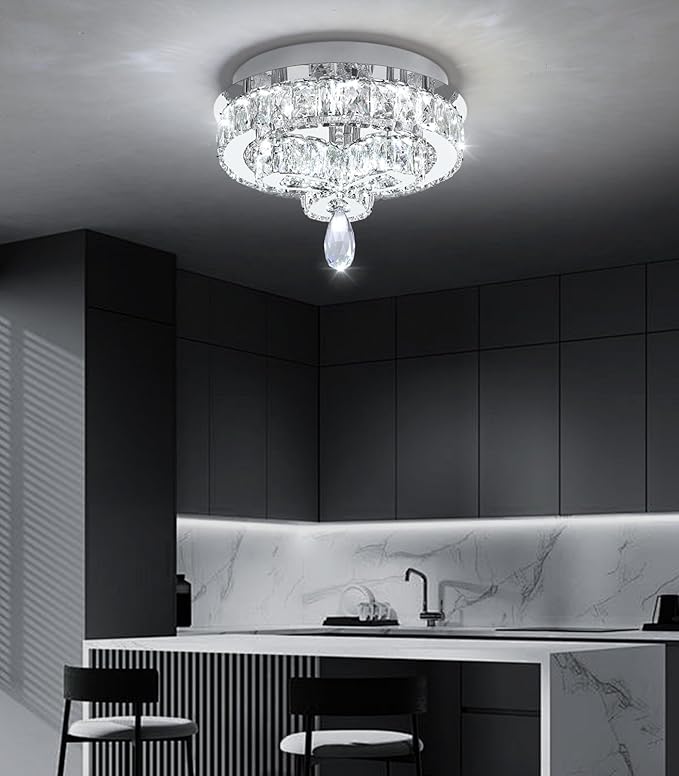 12'' Modern Crystal Chandelier LED Dimmable Flush Mount Ceiling Light Pendant Light for Hallway Living Room Bedroom Dining Room Foyer Silver
