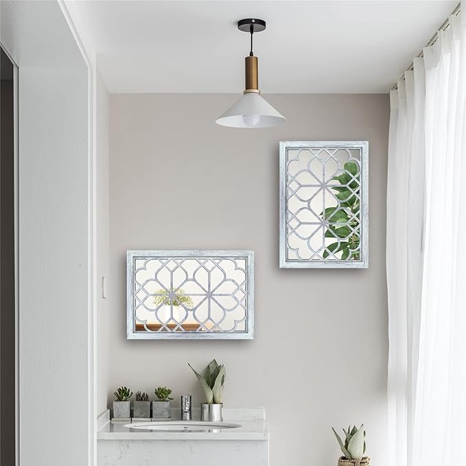 Wocred Set of 2 Rectangular Wall Mirror,Gorgeous Rustic Farmhouse Accent Mirror,Rustic White Color Entry Mirror for Bathroom Renovation,Bedrooms,Living Rooms and More(11”x15”)