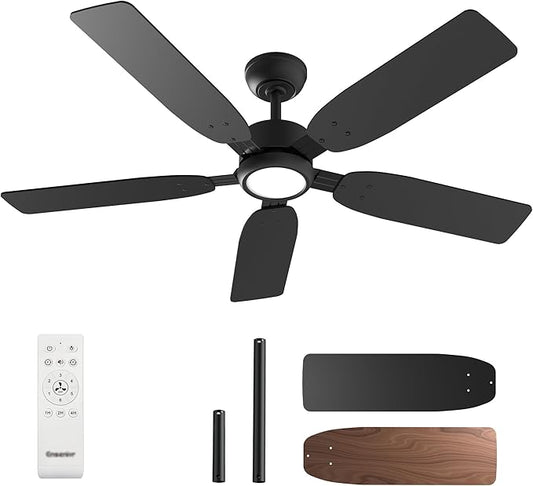 Ensenior Ceiling Fans with Lights and Remote, 52 Inch Black Ceiling Fan with Light, 6 Speeds, 3CCT, Noiseless, Reversible DC Motor, Modern Ceiling Fan for Bedroom and Living Room - 5 Blades