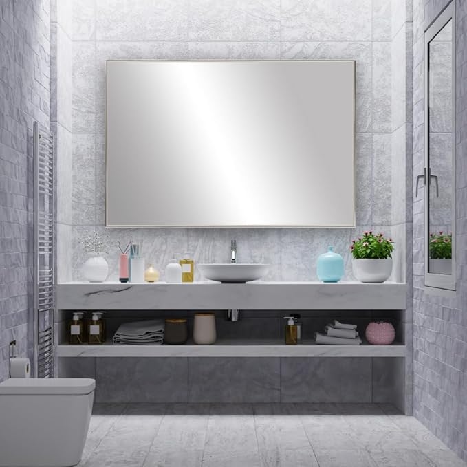 Frame My Mirror Silver Metal Framed Mirror, 30" x 44" Mirror for Bathroom, Metal Frame, True Reflections Glass, Chrome Finish, Stanton Design, Hangs Horizontally or Vertically, Made in USA