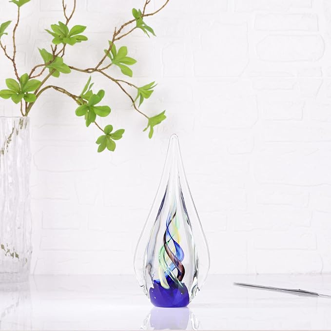 DOVDOV Blown Glass Sculpture, Blue Glass Art Collection Statue, Unique Mediterranean Water Drops Decorative Statue for Office, Bookshelf, Dresser, Living Room Coffee Table, Mantelpiece Filler