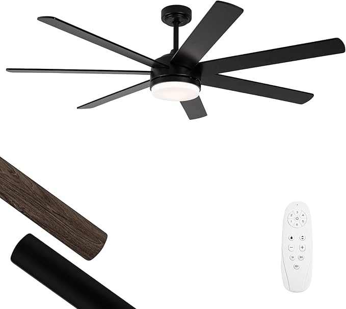 62 Inch Ceiling Fan, Outdoor Black Ceiling Fan with Light and Remote, 6-Speeds Reversible Motor, 7 Two-sided Blades Dimmable Noiseless, for Indoor Bedroom/Outdoor
