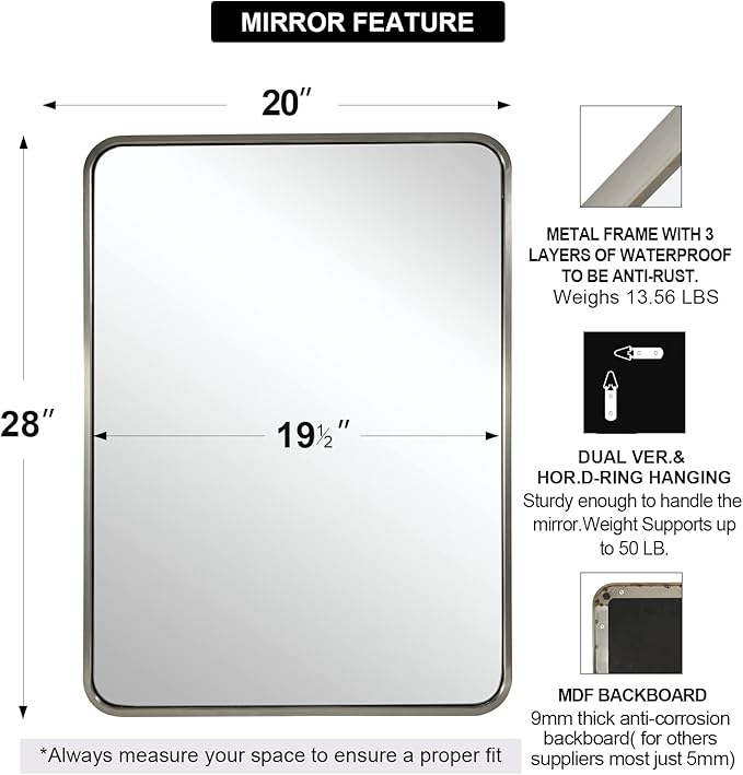 ANDY STAR Mirrors for Wall, 20x28'' Brushed Nickel Bathroom Mirror, Rounded Rectangle Mirrors for Vanity, Anti-Rust SUS304, Tube Metal Frame, 1'' Deep Wall Mounted Vertically/Horizontal
