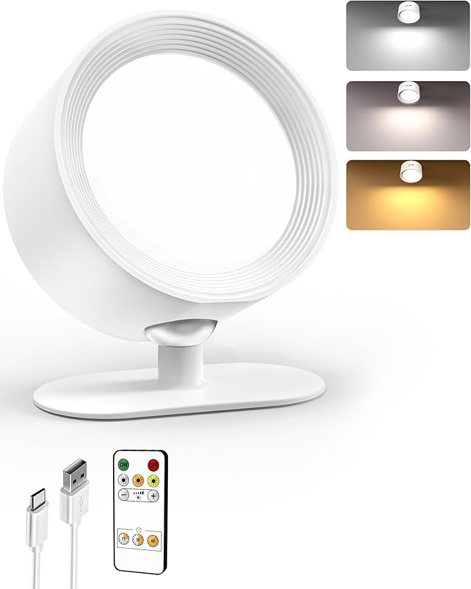 LED Wall Mounted Lights, Rechargeable Wall Sconces Lamp, 3 Color Temps & Remote and Touch, 360°Rotation Dimmable Cordless Wall Light for Study Bedroom Reading Bedside(White, 1 Pack)