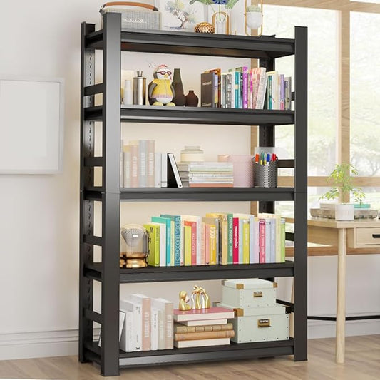 5-Tier Industrial Book Shelf, Tall Bookcase, Office Shelf Storage Organizer, Adjustable Heavy Duty Bookshelfs, Modern Book Shelf for Living Room, Bedroom, and Home Office, Black, 63"H*15.75"D*32"W