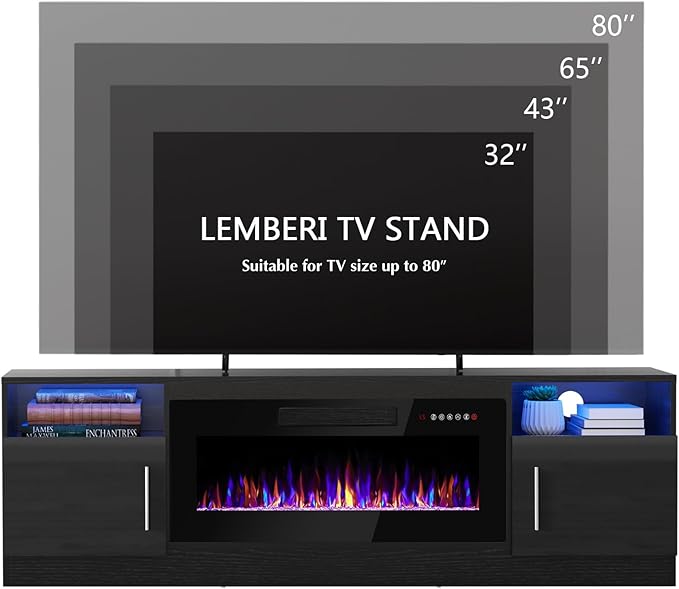 Lemberi Fireplace tv Stand with 36 inch Fireplace Up to 80" TVs,LED Light Entertainment Center and Storage, 70" Modern Wood Media TV Console with Highlight Cabinet for Living Room (Black)