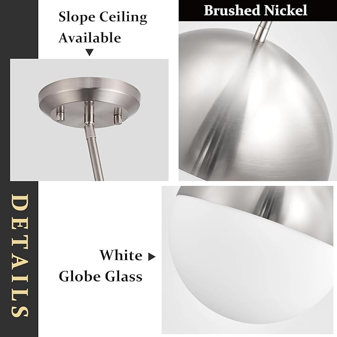10in Brushed Nickel Pendant Light Globe Glass Kitchen Island Pendant Light Fixtures Modern Frosted Glass Hanging Light Milky White Ball Pendant Lights for Kitchen Sink Dining Room Entry Bathroom