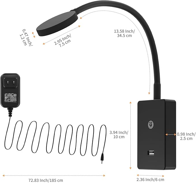 Touch Dimmable LED Wall Mounted Bedside Reading Light, Black Flexible LED Wall Reading Lamp for Nightstand in Bedroom, 120° Wide Angle Neutral White Lighting, with 5V2A USB Output Port