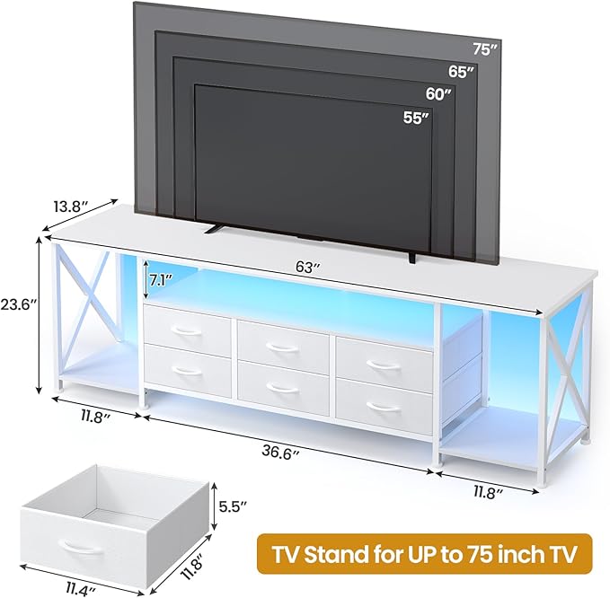 BTHFST TV Stand with LED Lights & Power Outlets, for TVs up to 80 Inches, 6 Fabric Drawers Entertainment Center with Open Storage Shelves, 63" TV Media Console Table for Living Room, Bedroom, White