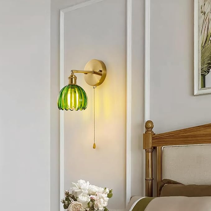 Vintage Wall Sconce 1 Pack, Green Glass Shade Gold Wall Lamp with 12 Inch Cable Switch, Modern Bathroom Wall Sconces for Bedroom Corner Hallway
