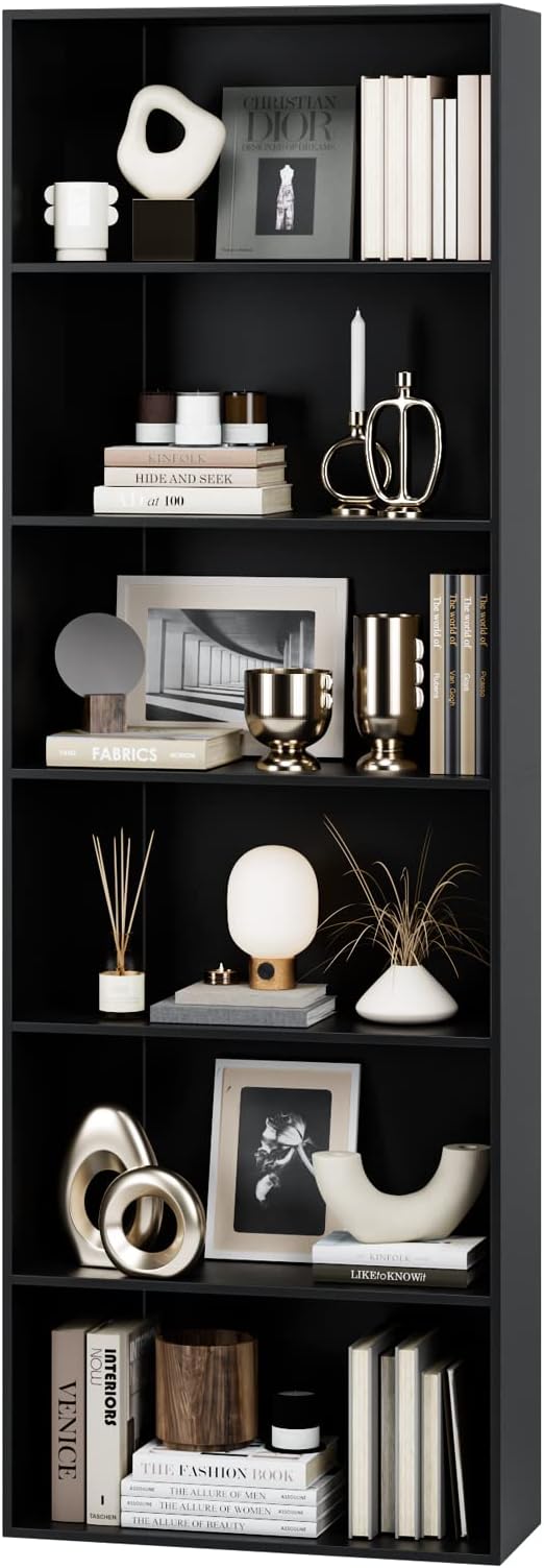 FOTOSOK 6-Tier Open Bookcase and Bookshelf, Freestanding Display Storage Shelves Tall Bookcase for Bedroom, Living Room and Office, Black