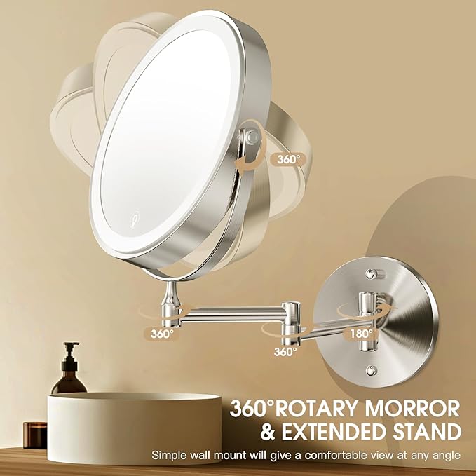 Wall Mounted Lighted Makeup Mirror, 8" Rechargeable Double-Sided Light up Magnifying Mirror 1x/10x, 3 Color Led Vanity Mirror with Lights, Touch Dimmable 360° Rotation Foldable-Nickel