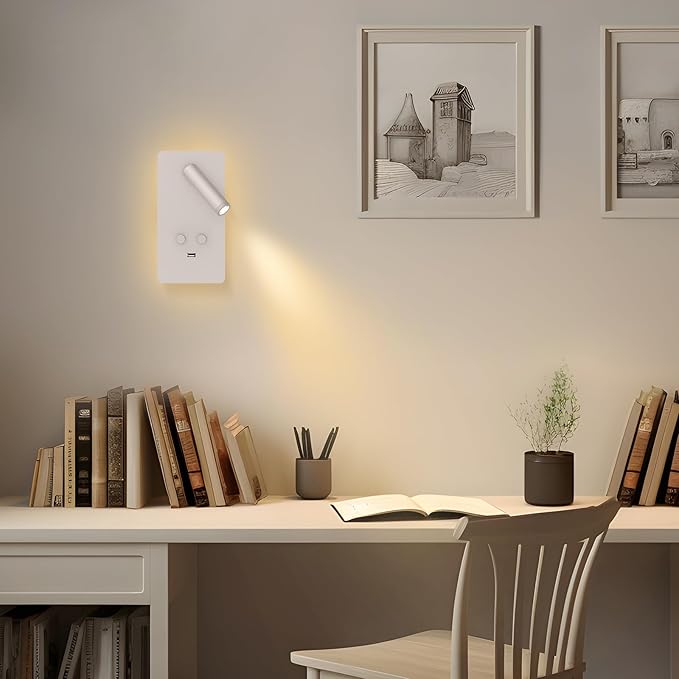 M04 Dimmable Wall Mounted Sconces Reading Light Bedside Lamp with USB Port Headboard Plug in Hardwire Wall Lamps Sconces Adjustable Headboard 0.9-3.7 Spotlight + 1.2-6W Backlight