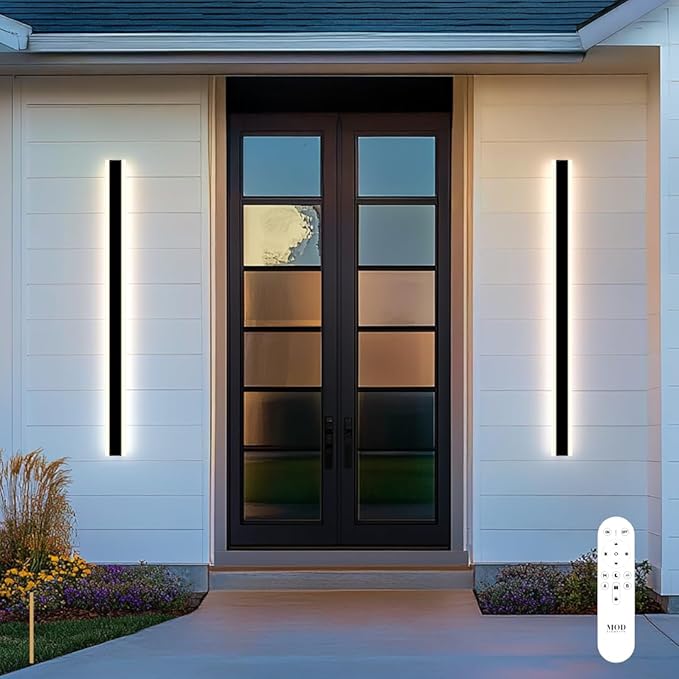 𝗠𝗢𝗗 𝗟𝗜𝗚𝗛𝗧𝗜𝗡𝗚 Haylen | Waterproof Outdoor Wall Light, LED Dimmable with Remote 3000K-6000K, Long Outdoor Porch Lights, Wired Lighting Fixture, Patio Exterior Wall Sconce, 1-Pack (Black, 47")