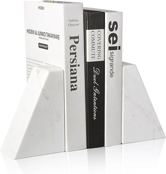 Marble Bookends for Heavy Books, Decorative Book Ends for Shelves, White Stone Durable and Heavy-Duty Book Ends for Hardback Books &amp; CDS, Unique Book Stopper &amp; Holder, Set of 2