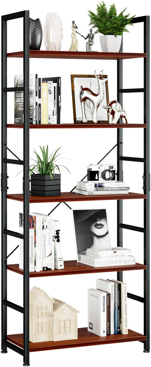 NUMENN 5 Tier Bookshelf, Tall Bookcase Shelf Storage Organizer, Modern Book Shelf for Bedroom, Living Room and Home Office, Teak