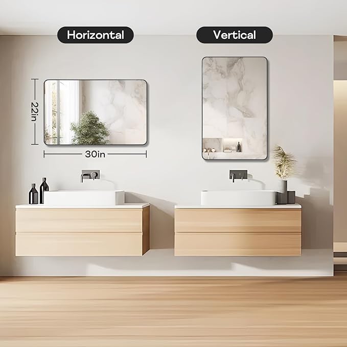 Wall Mount Mirror for Bathroom, Brushed Black Metal Framed Rounded Corner Rectangular Vanity Mirror, Tempered Glass, Anti-Rust, Hangs Horizontally or Vertically (22" x 30", Black)