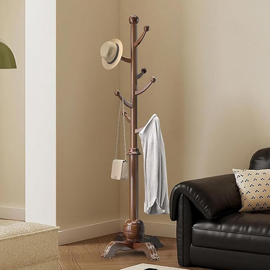 Wooden Coat Rack Freestanding, Coat Racks with 7 Hooks, Coat Tree Freestanding Heavy Duty with Stable Sphere Base, Load 210 lb, Coat Hanger Stand for Entryway, Hallway, Bedroom
