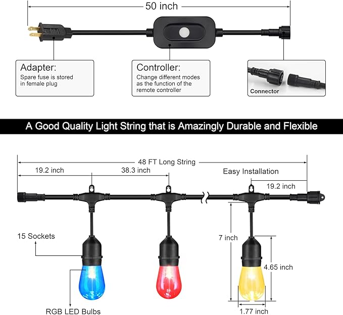 Mlambert 48FT Outdoor Patio Lights Waterproof Dimmable with Remote, RGB Cafe LED String Light with 15 Shatterproof Bulbs for Bistro Party-Black 1 Pack