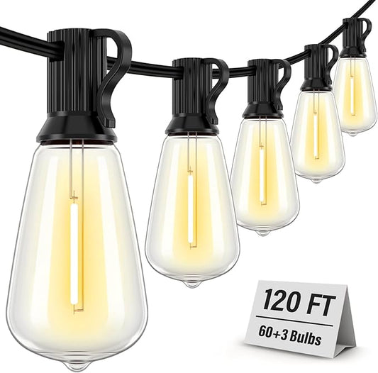120FT Outdoor String Lights Waterproof, 2700K LED Patio String Lights with 60+3 Shatterproof Vintage Bulbs, Hanging Lights with Plug in Cord for Porch, Backyard, Garden, Gazebo