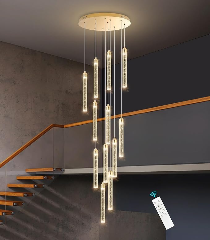 12-Lights Chandelier LED Dimmable Chandeliers for Entryway Flush Mount Ceiling Pendant Light Fixture Crystal Chandeliers for Living Room Gold Finished Lighting Modern High Ceiling Chandelier
