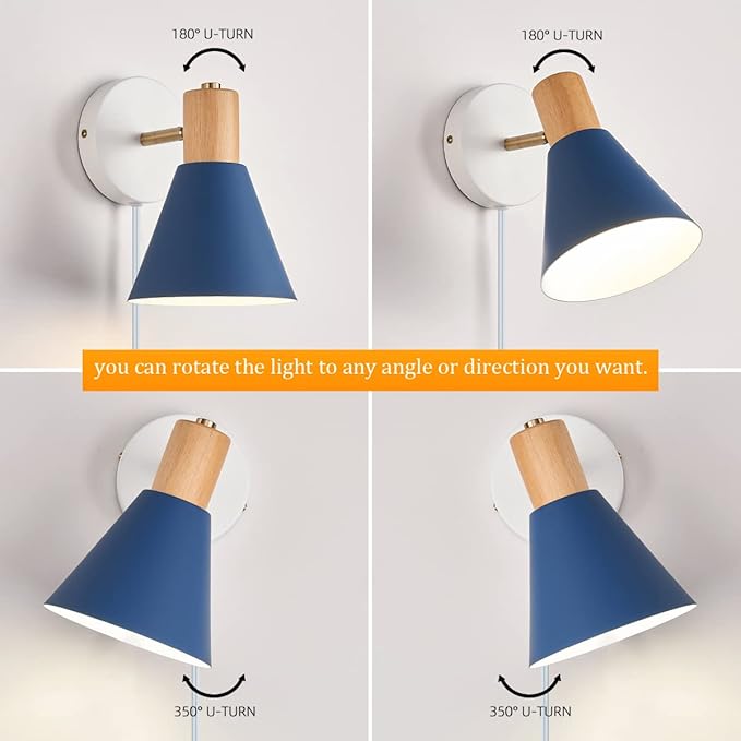 ClanKin Wall Sconces Lighting Set of 2 for Bedroom, Black Dimmable Wood Style Wall Sconce Reading Lamp, Adjustable Wall Light for Bedroom Hallway Living Room (Blue-Plug in, 2)