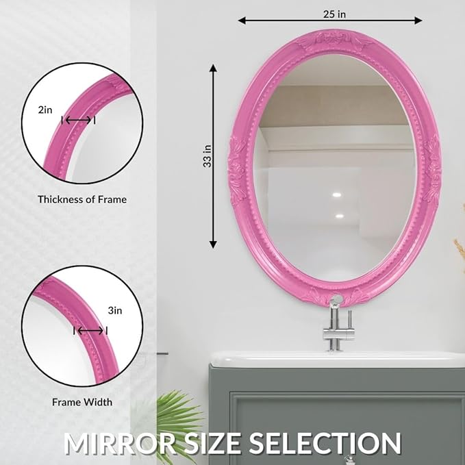 Howard Elliott Queen Ann Oval Glossy Hot Pink Wall Mirror, Oval Bevelled Hanging Wood Framed Vanity Mirrors for Home Decor, Living Room, Bathroom, Bedroom, or Hallway, 25 x 33 Inch