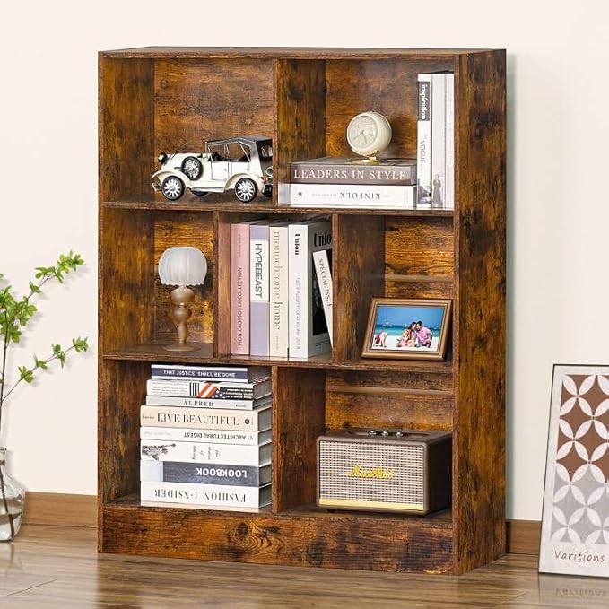 LEYAOYAO 7 Cube Bookshelf with Base,3 Tier Mid-Century Modern Brown Bookcase,Standing Wide Bookshelfs Storage Organizer Shelf,Rustic Wood Display Cabinet Book Shelves for Bedroom,Living Room,Office