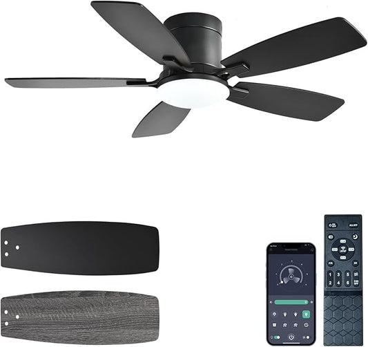 Ceiling Fans with Lights, 42 inch Low Profile Ceiling Fan with Light and Remote Control, Flush Mount, Reversible Motor, Dimmable, Noiseless, Black Ceiling Fan for Bedroom, Indoor/Outdoor Use