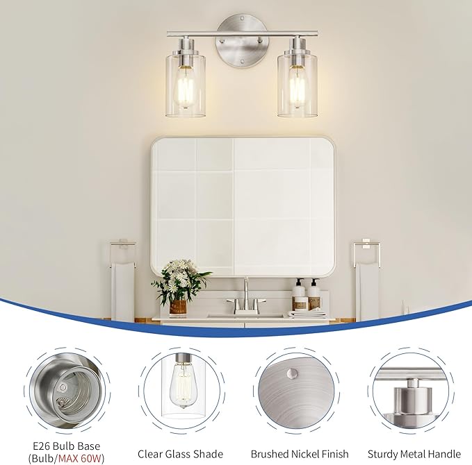 GORDNWE Bathroom Vanity Light Fixtures, 2 Light Brushed Nickel Bathroom Light, Vanity Sconce with E26 Bulb Base, Modern Wall Lights for Mirror, Hallway, Farmhouse